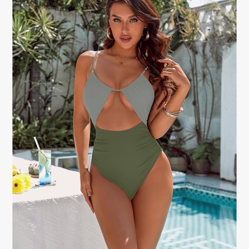 Chic Gray and Olive One-Piece Swimsuit
